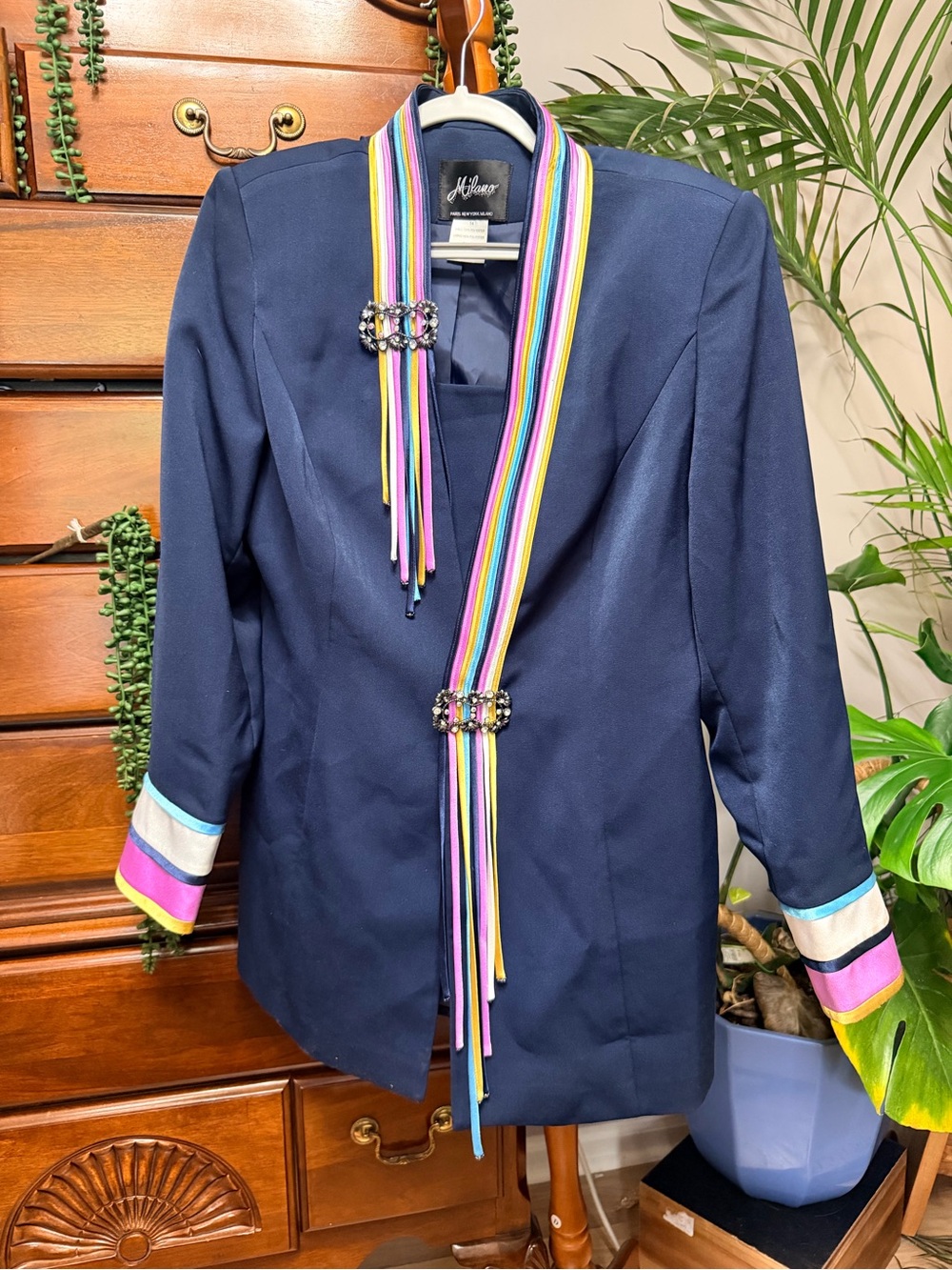 Stunning Vintage 80s/90s Power Blazer w Rainbow Ribbons & Crystal Buckle Details
